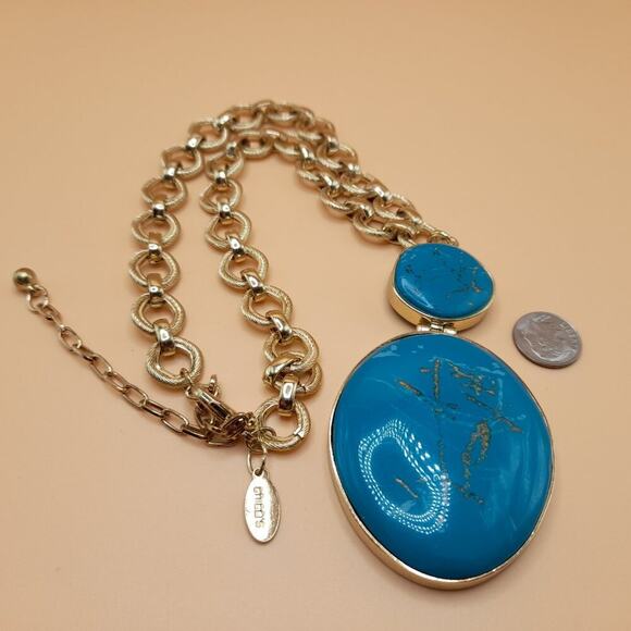 Chico's Gold Tone Chain Turquoise Pendant Necklace, Lucite Gold Accents, 22 Inch - Picture 9 of 9